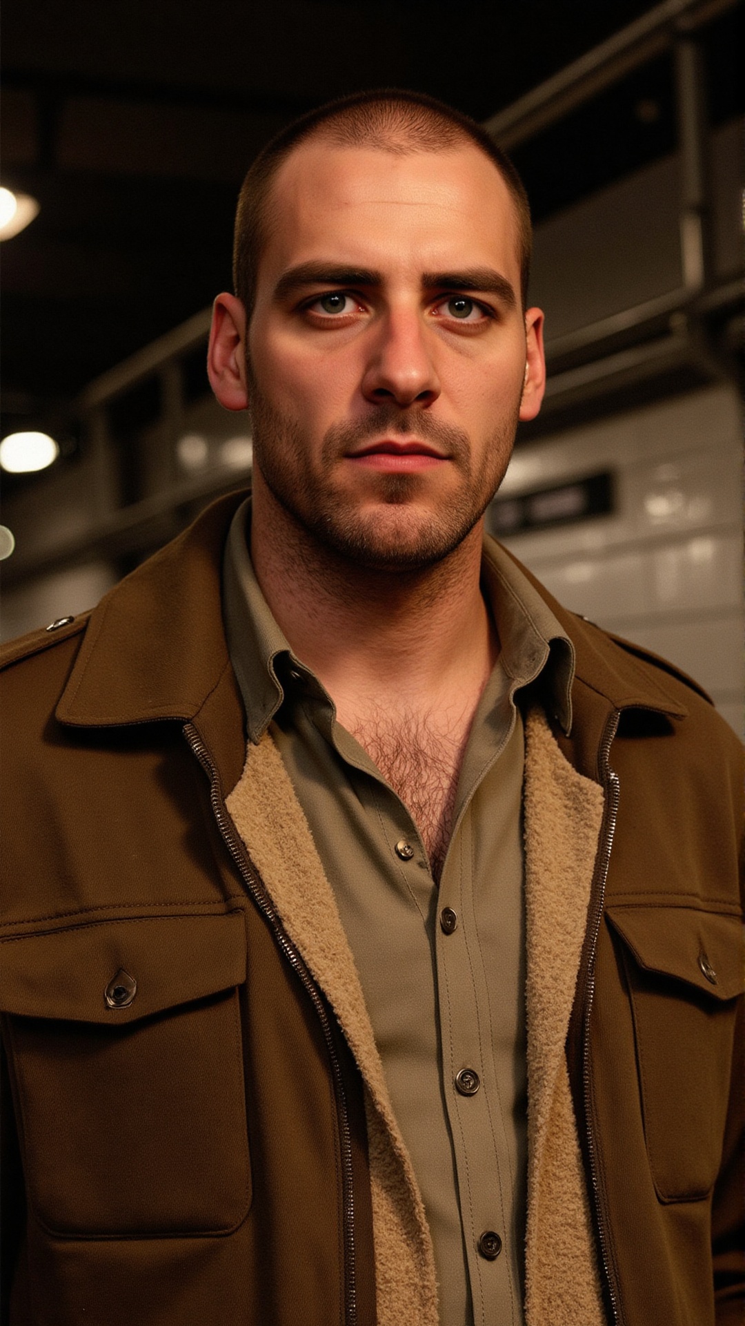 A middle-aged,  bald man with a thick goatee stands in a dimly lit subway station. His rugged face,  framed by a strong ja...