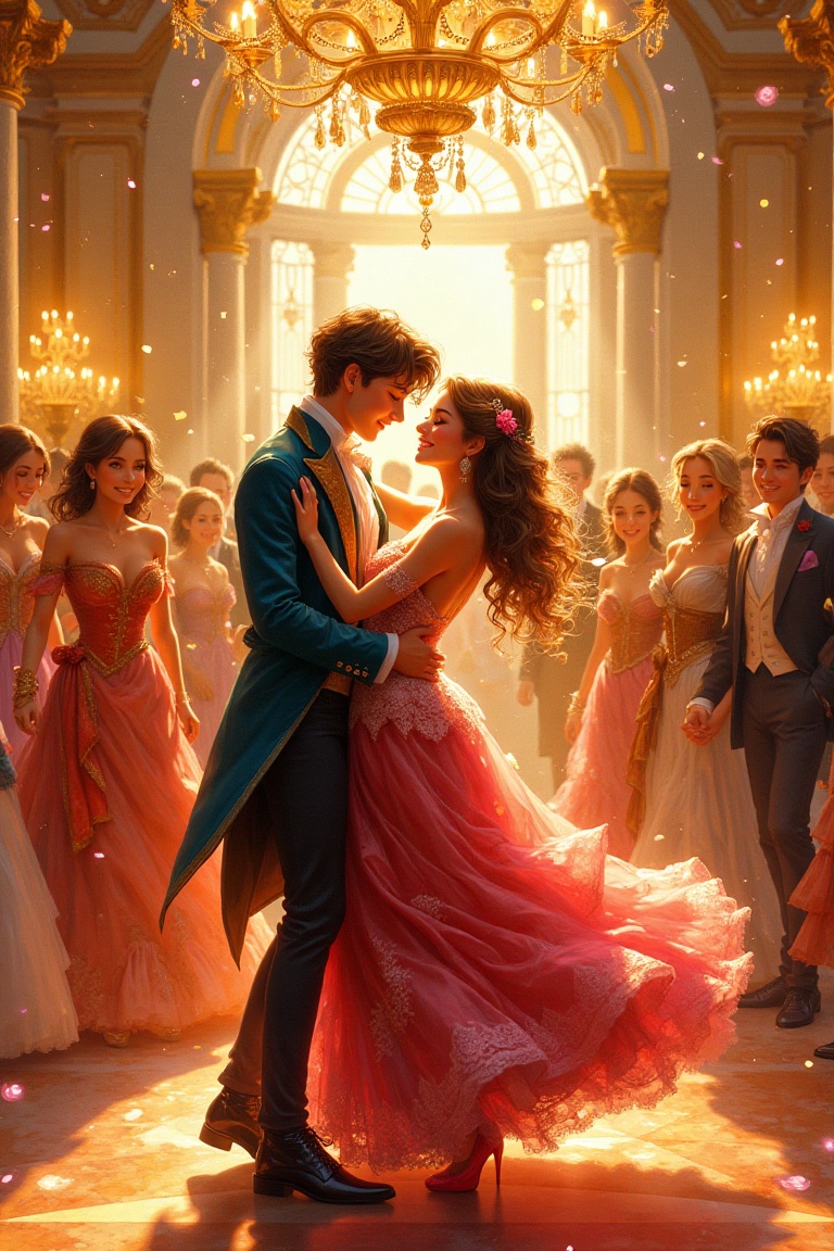 A vibrant dreamscape illustration of a boy and woman dancing at a lively party,  wearing European noble attire. Framed in...
