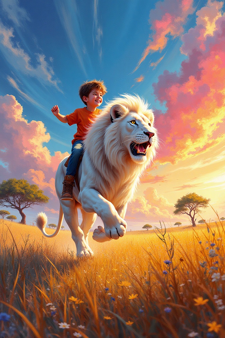 A vibrant dreamscape painting of a boy riding a white lion through a lush savanna. The framing captures their movement fro...