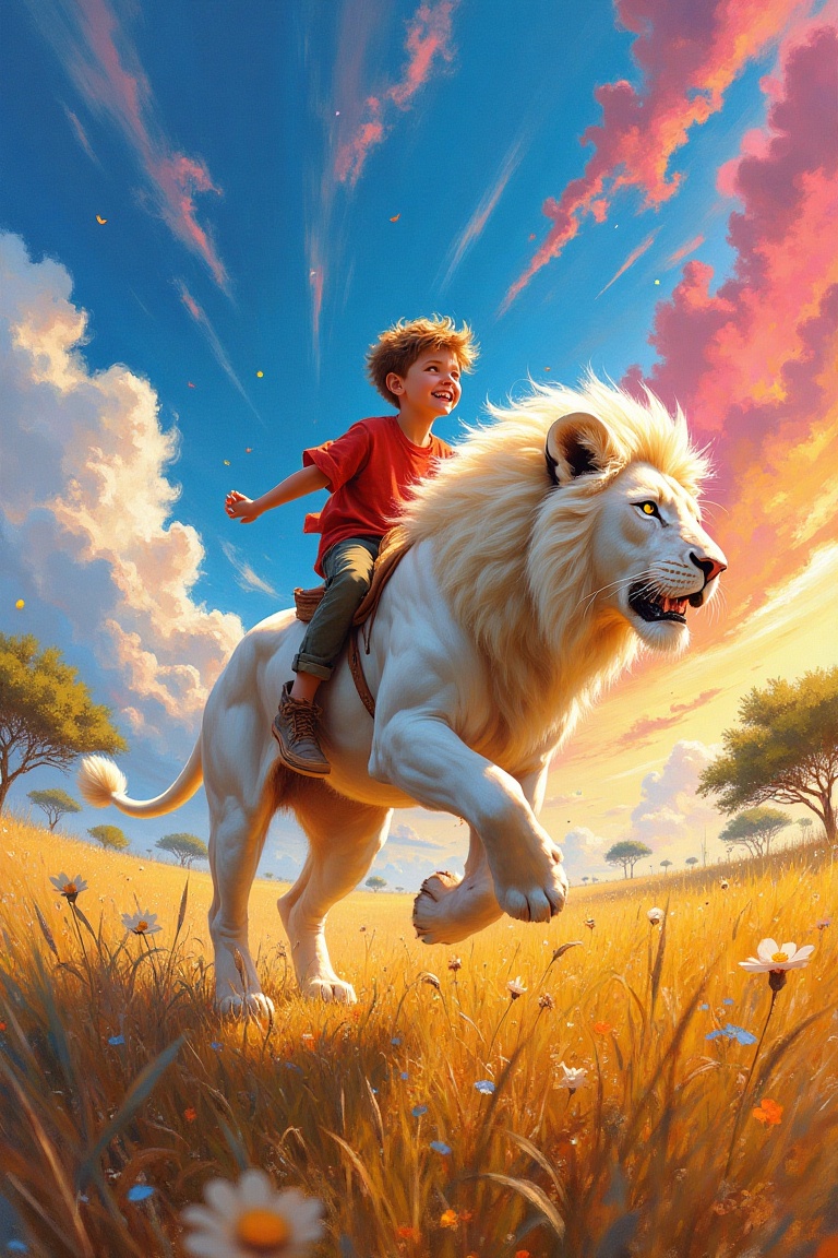 A vibrant dreamscape painting of a boy riding a white lion through a lush savanna. The framing captures their movement fro...