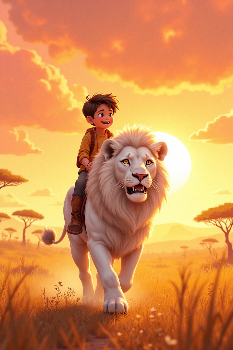 A dreamscape illustration of a boy riding a majestic white lion across a golden savanna at sunset. The shot is framed with...