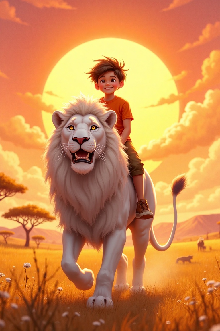 A dreamscape illustration of a boy riding a majestic white lion across a golden savanna at sunset. The shot is framed with...