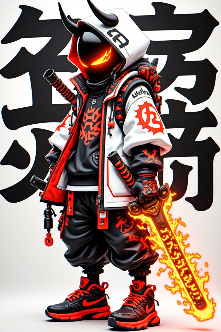 This image depicts a futuristic warrior with a sleek and menacing cyberpunk aesthetic. The character is dressed in a strik...