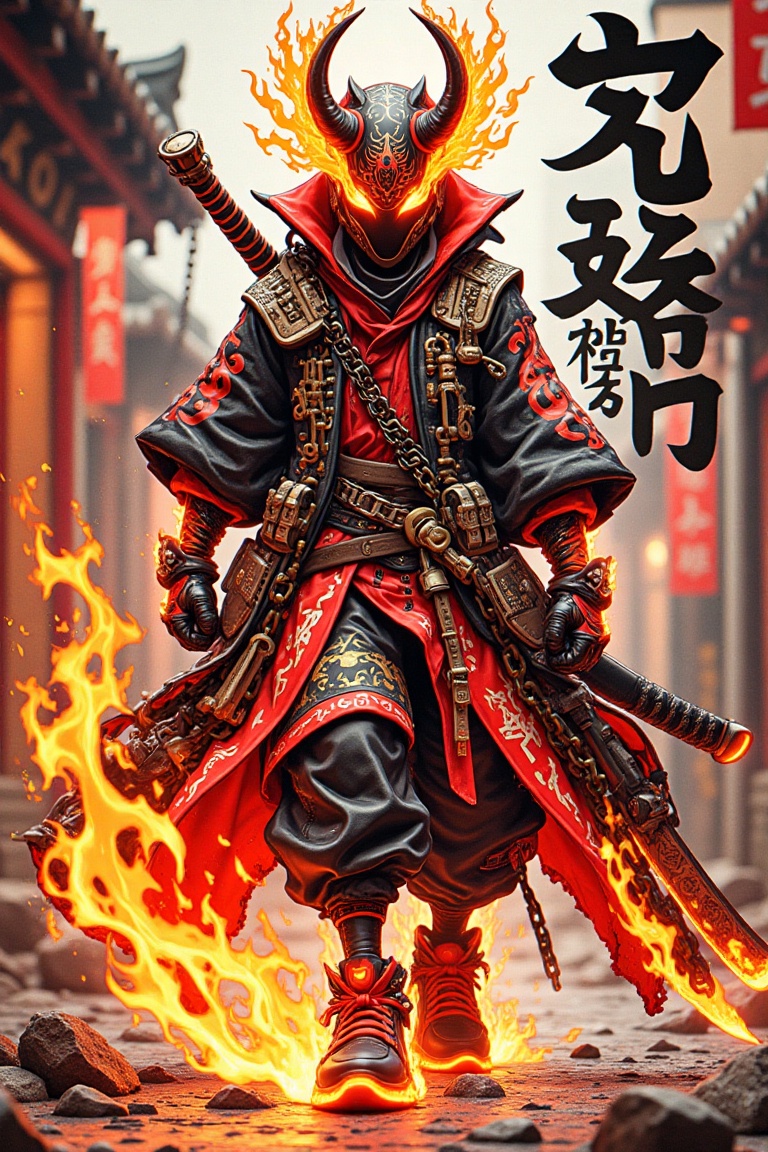 *A warrior from a forgotten age,  reborn in flames and steel,  strides forward cloaked in black and red. Their helmet on T...