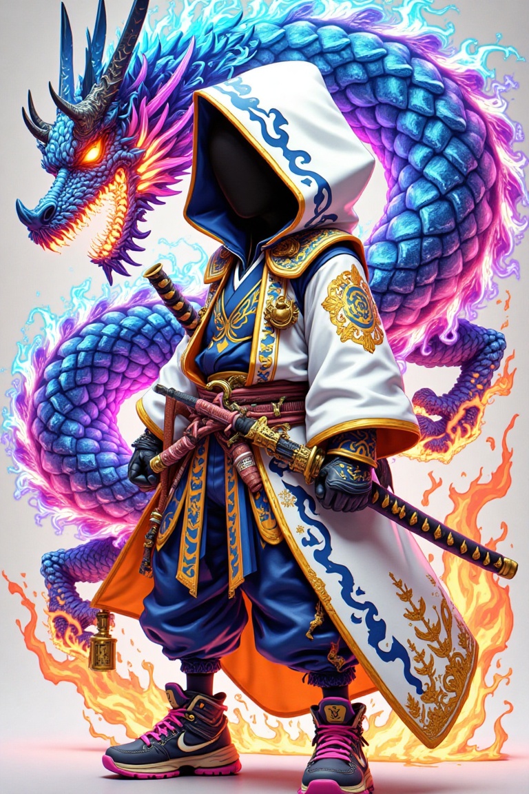 This image features a striking fantasy warrior clad in a white hooded robe adorned with intricate golden and blue patterns...