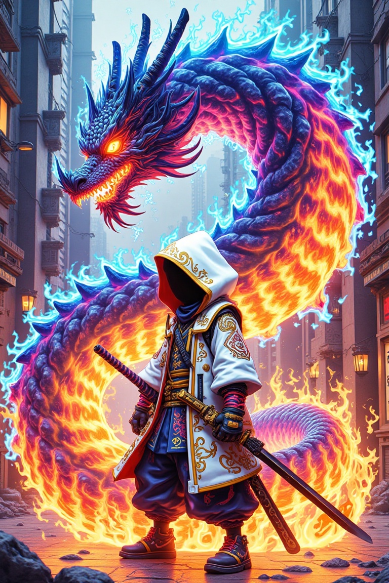 *A lone warrior stands unwavering,  draped in a white hooded robe adorned with golden and sapphire filigree,  a katana res...