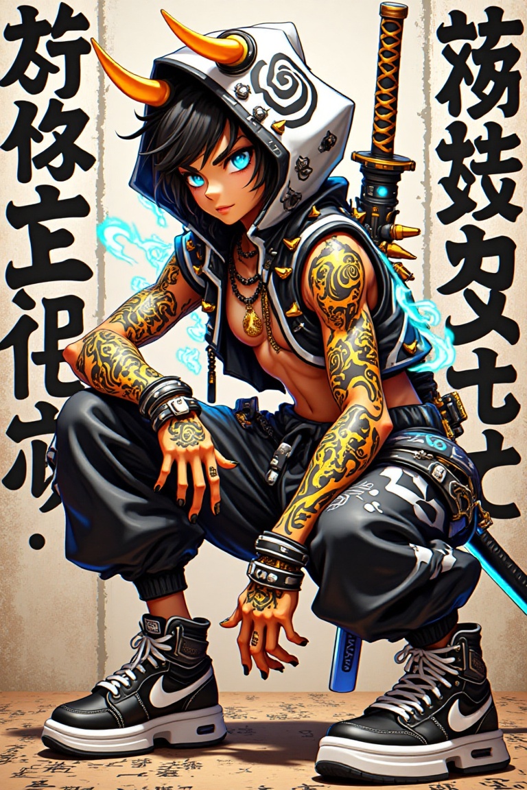 This image portrays a futuristic warrior with an urban cyberpunk and mystical aesthetic. The character is crouched in a po...