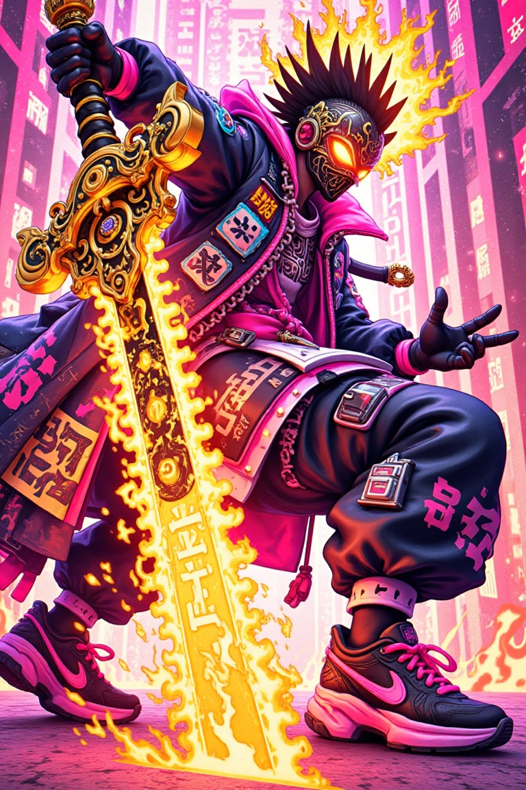 This image is a vibrant and dynamic anime-style illustration featuring a futuristic warrior with cyberpunk and fantasy inf...