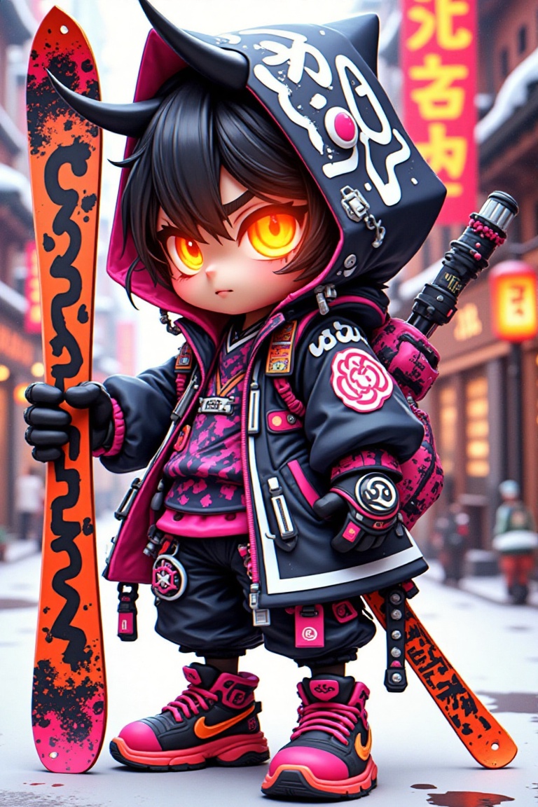 a cartoon character holding a pair of skis,  very beautiful cyberpunk samurai,  trending on artstartion on Tensor.Art