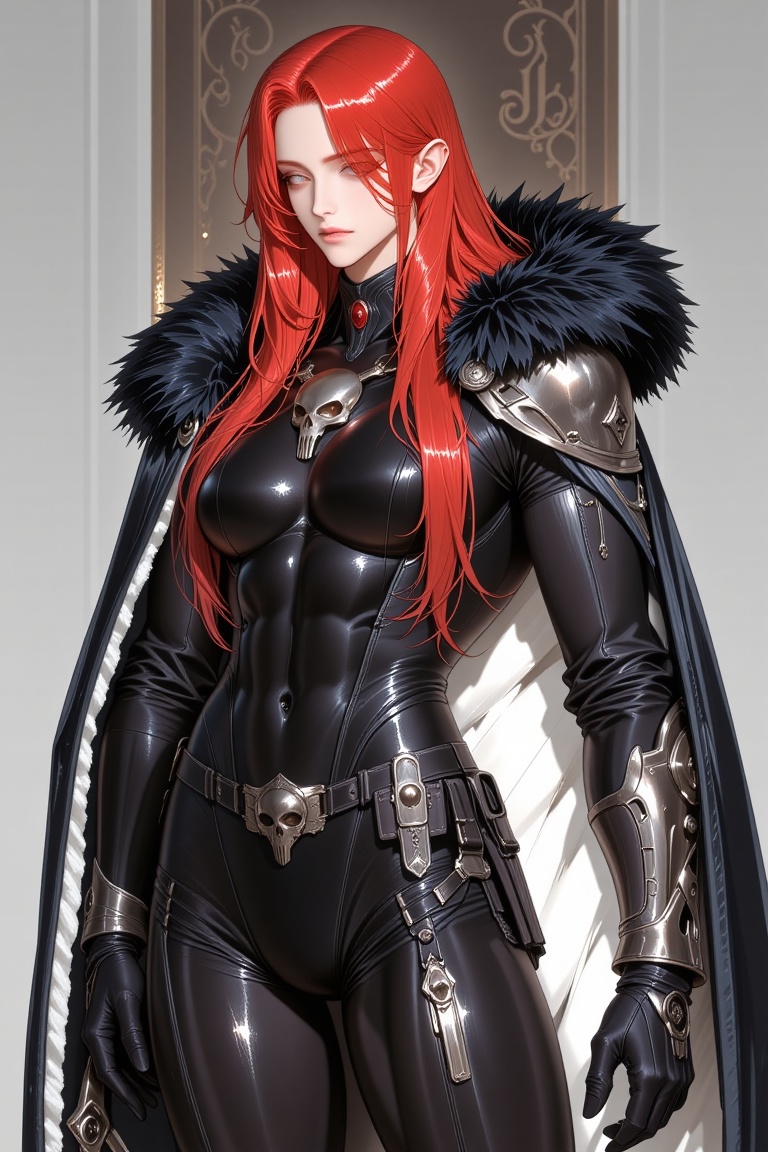 FlxV3lv3t,  The image depicts a character with long,  flowing red hair that cascades down their back. The character is wea...