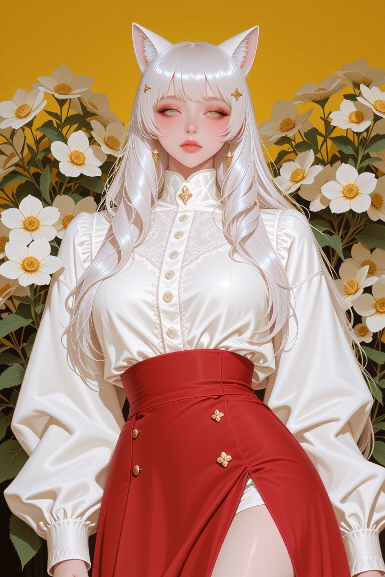 FlxV3lv3t,  The image features a person with long,  flowing white hair adorned with cat-like ears. The individual is weari...