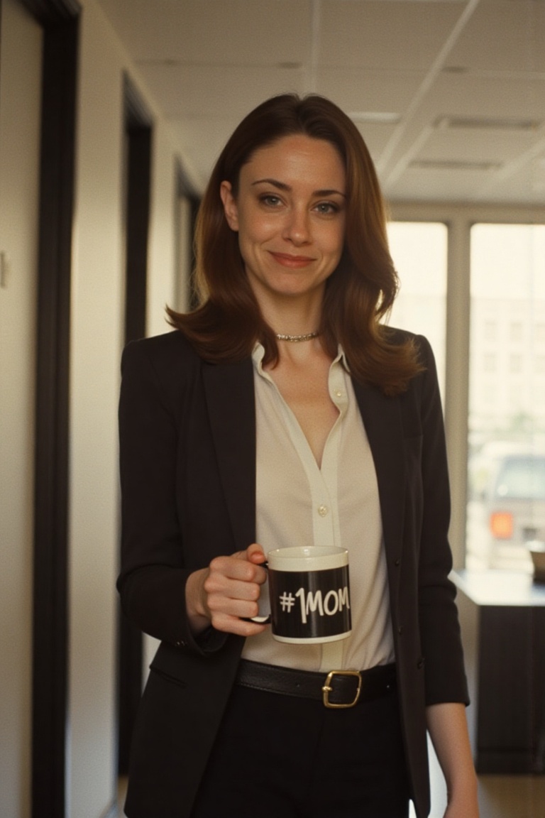 A portrait photograph of Casey Anthony in a mundane office building,  she is wearing a blazer over a white blouse,  busine...