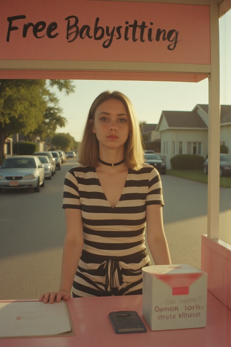 A portrait photograph of Casey Anthony sitting at a lemonade stand on the side of the road in a florida neighborhood weari...