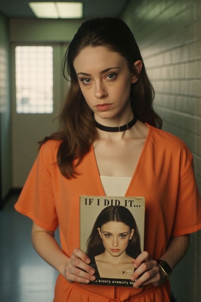 A portrait photograph of Casey Anthony in a concrete jail cell wearing an orange convict's jumpsuit over a white **** top,...