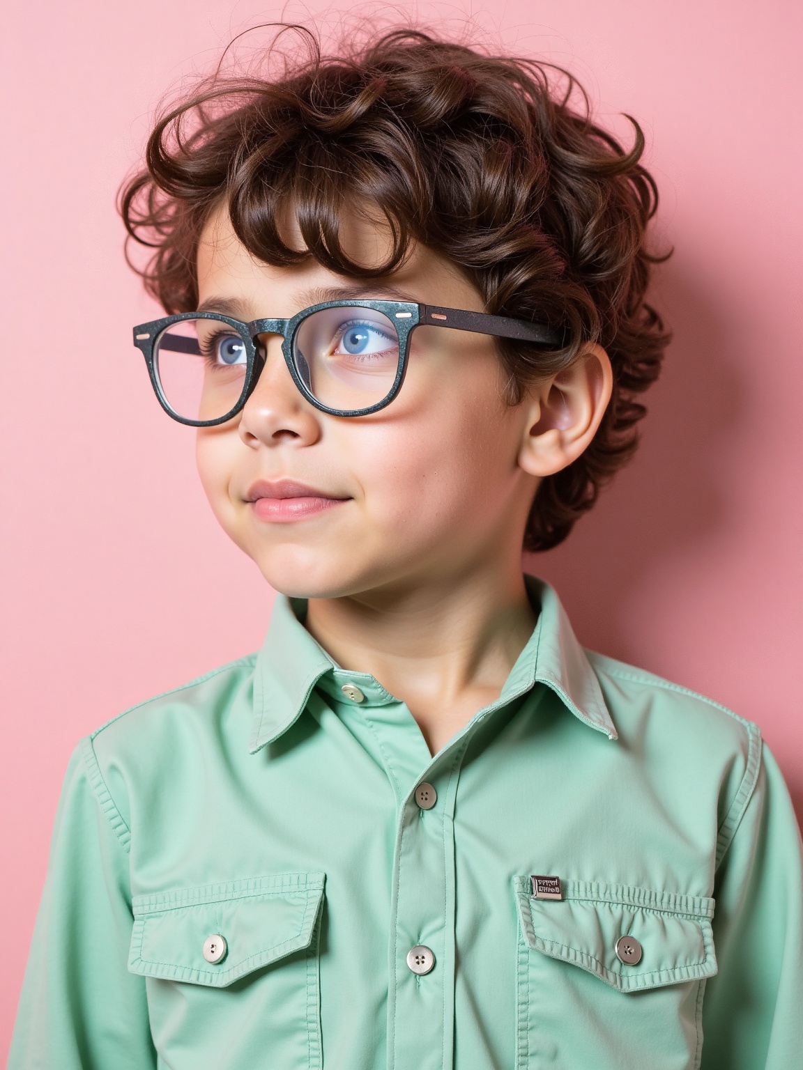 A close-up shot of a young boy's face,  positioned in front of a pink wall. The boy's eyes are blue,  and he is wearing a...