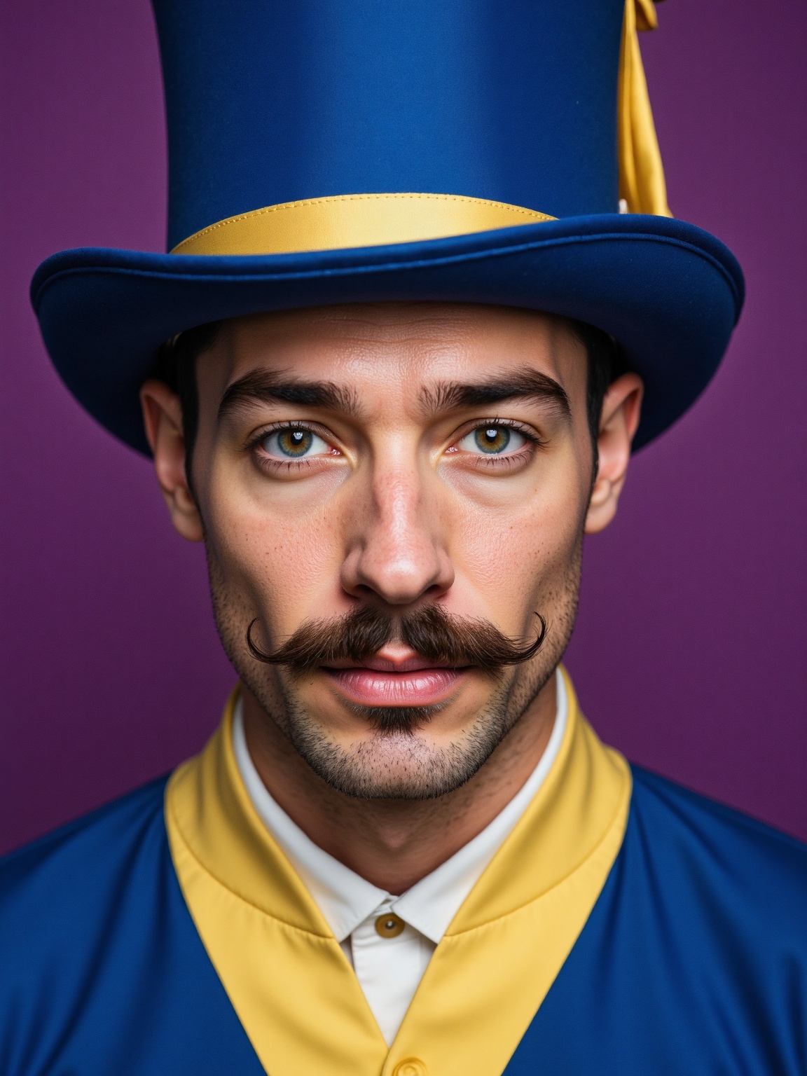 A portrait of a man in a blue top hat with a yellow stripe on the side of the hat. The man is wearing a blue and yellow to...