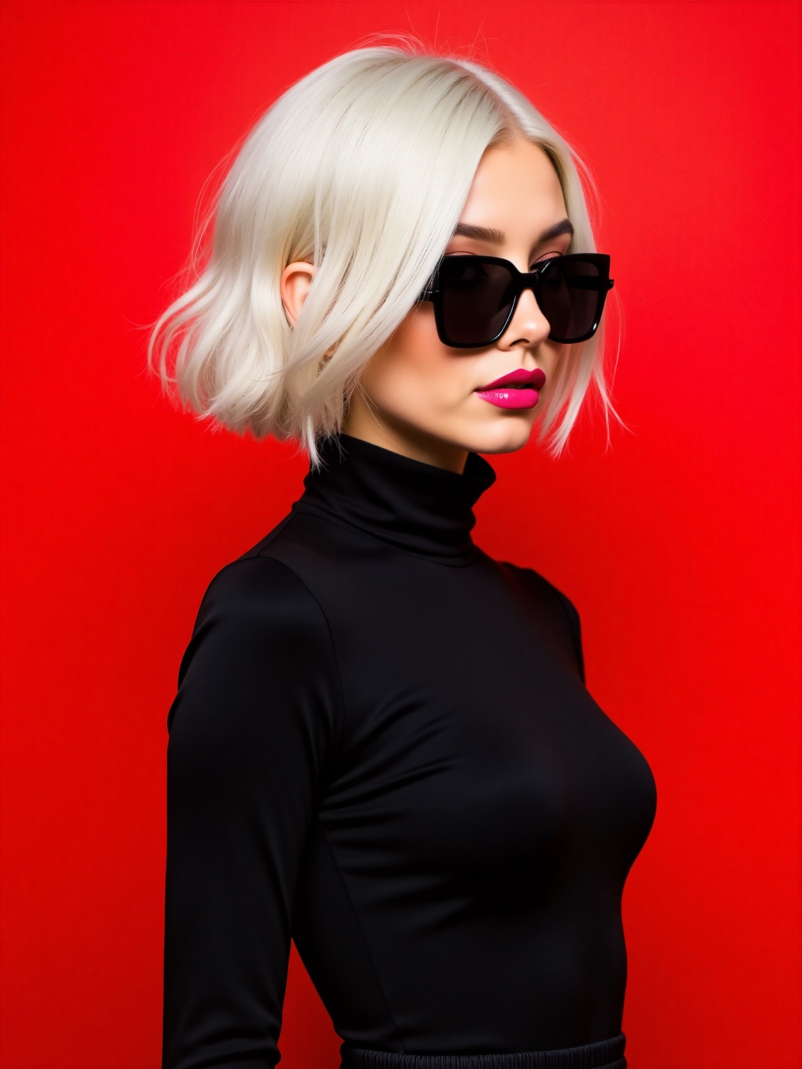 a woman in a black turtleneck is seen in front of a vibrant red backdrop. The woman's head is turned to the right,  her ha...