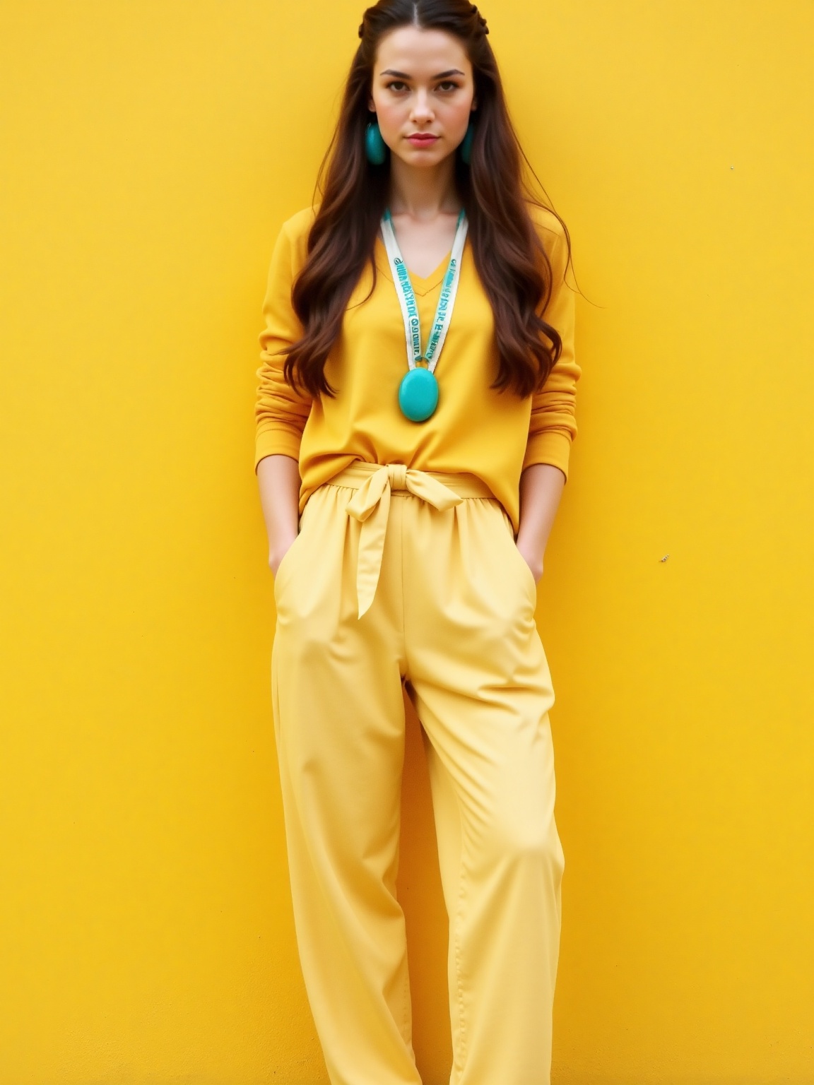 A woman is standing in front of a yellow wall. She is wearing a long sleeve yellow outfit. She has long dark brown hair th...