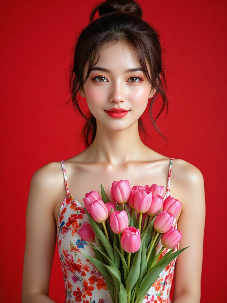 Portrait of a beautiful young woman with delicate East Asian features,  soft brown eyes,  and natural makeup. She has a ge...