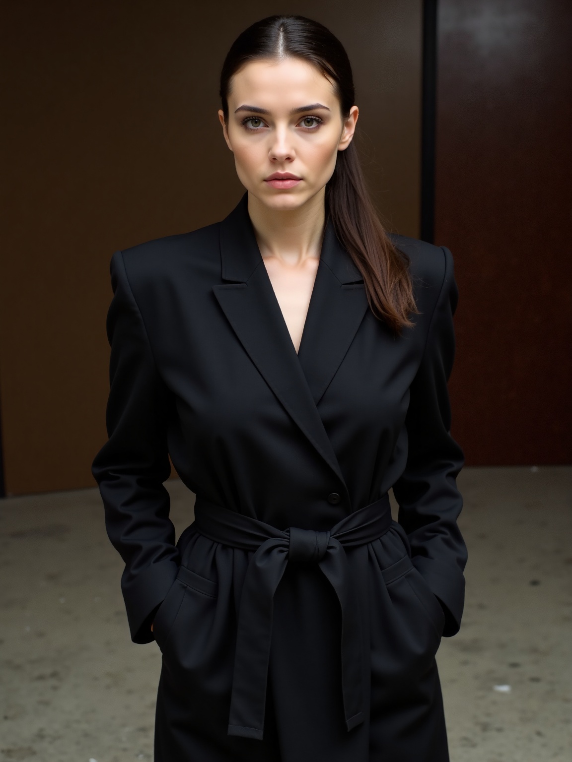 A woman is standing in a room. She is wearing a black blazer with a black belt tied around the waist. The woman has long d...