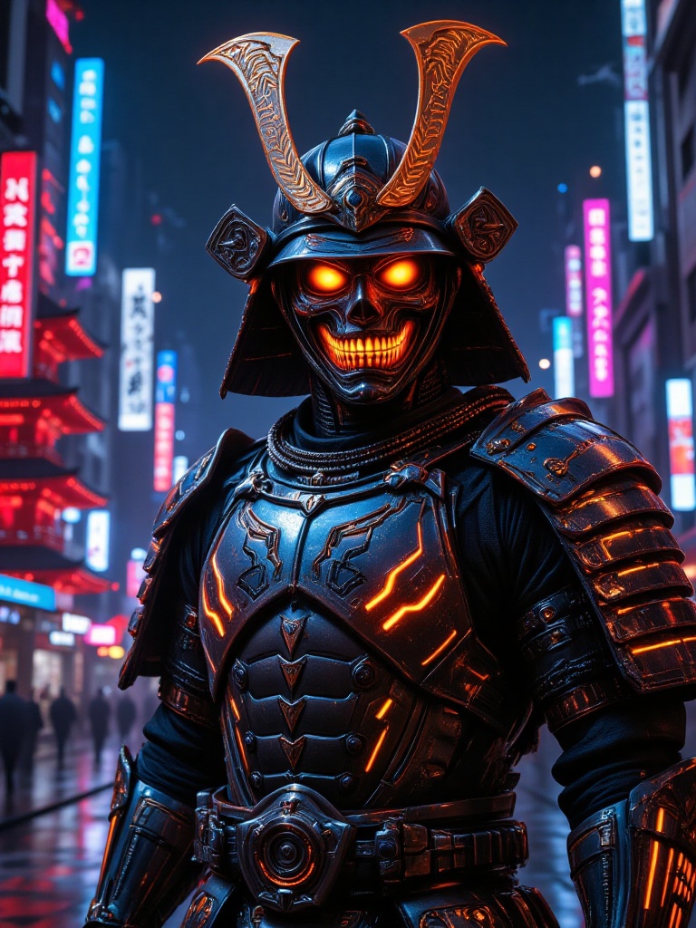 A highly detailed and stylized cyberpunk samurai warrior in full futuristic armor. The samurai helmet features glowing ora...