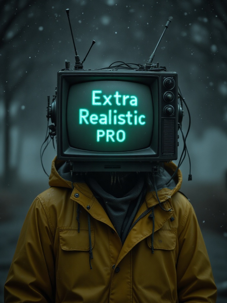A surreal and dystopian figure with an old vintage CRT television as a head,  displaying the words 'Extra Realistic PRO' i...