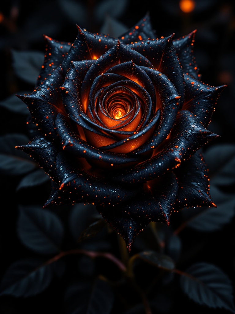 Hyper-detailed close-up of a mesmerizing black rose with glowing orange edges,  covered in delicate water droplets. The pe...