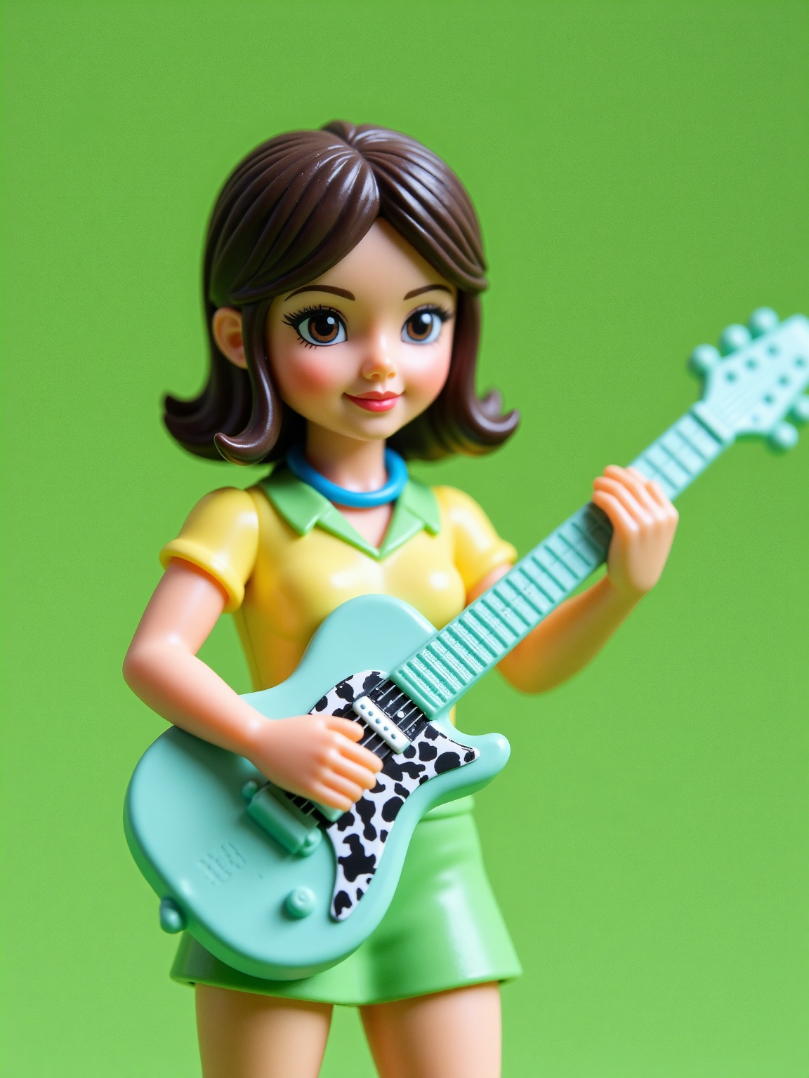 A close-up shot of a plastic toy figure of a woman holding a light green electric guitar. The figure is a female,  with da...