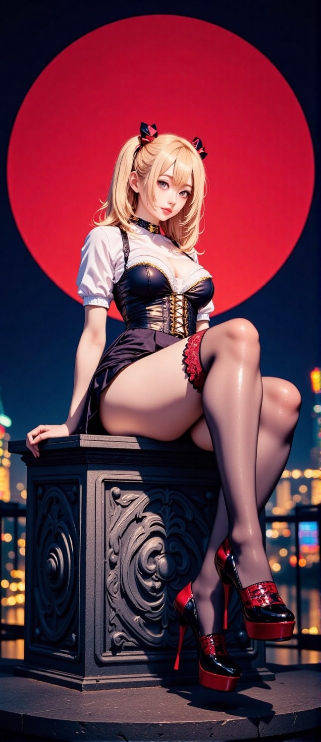The image depicts a stylized,  anime-style character sitting on a decorative stone pedestal. The character has long blonde...