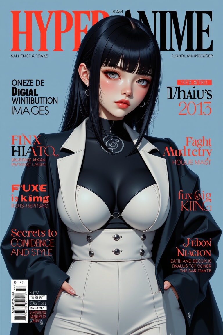 Hyp3rAn1me,  A hyper-realistic,  high-fashion magazine cover featuring Hyuuga Hinata in an elegant and modern photoshoot....