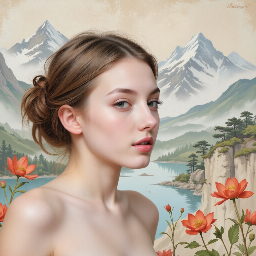 1 girl,  reehand brush painting,  Asa CHEN style on Tensor.Art