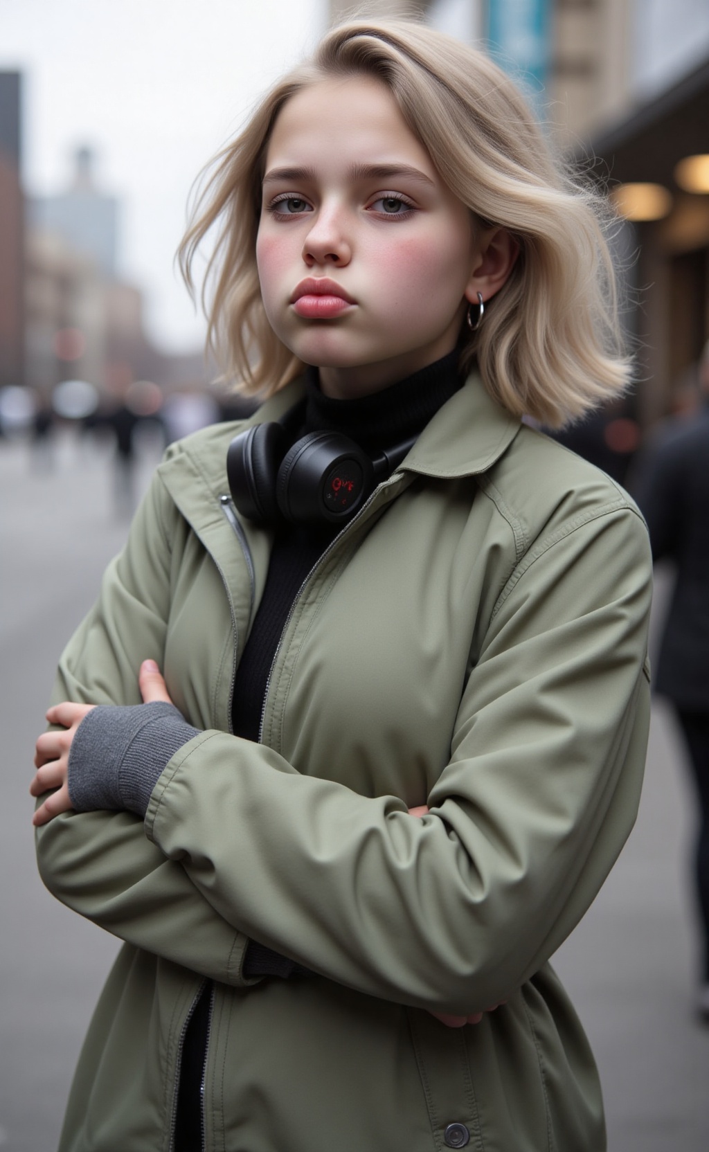 An outdoor upper body portrait captures a 15 year old American girl,  positioned slightly to the right,  presenting a thre...
