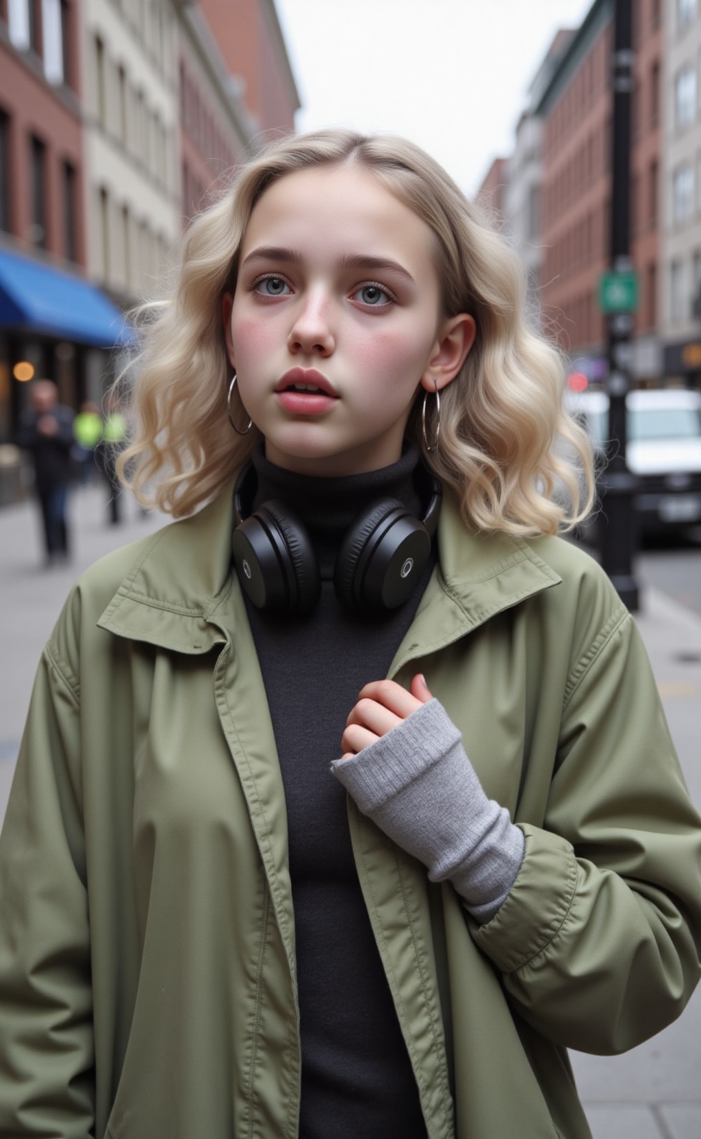 An outdoor upper body portrait captures a 15 year old American girl,  positioned slightly to the right,  presenting a thre...