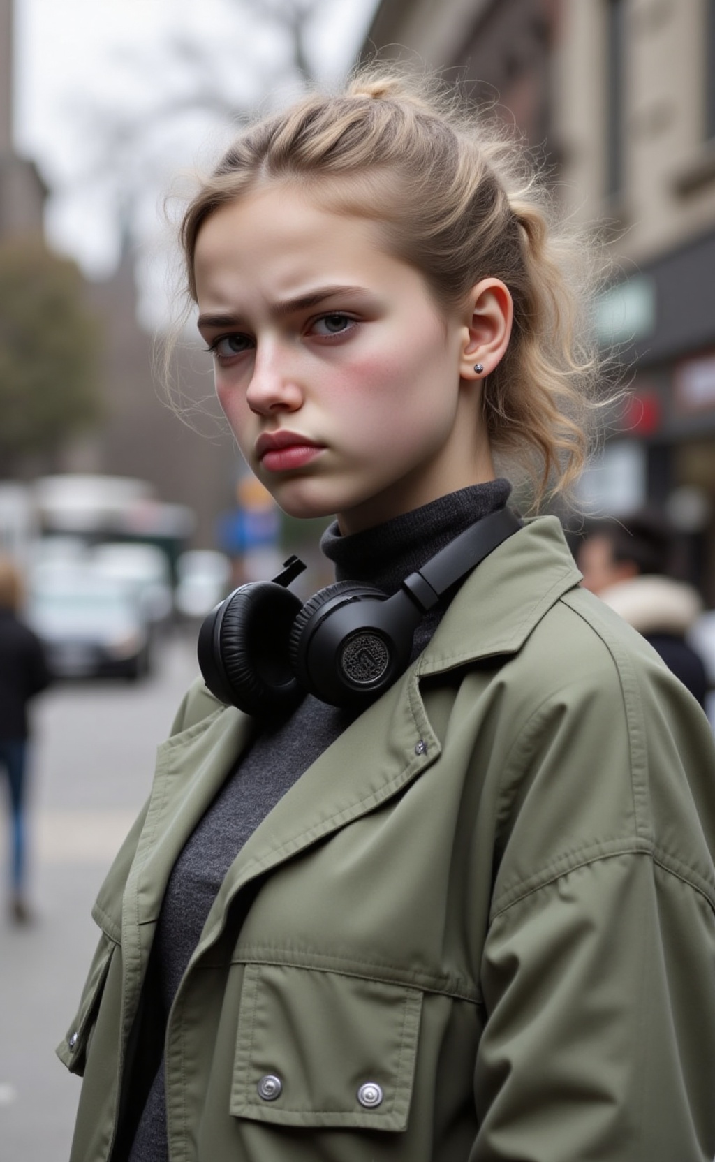 An outdoor upper body portrait captures a 15 year old American girl,  positioned slightly to the right,  presenting a thre...
