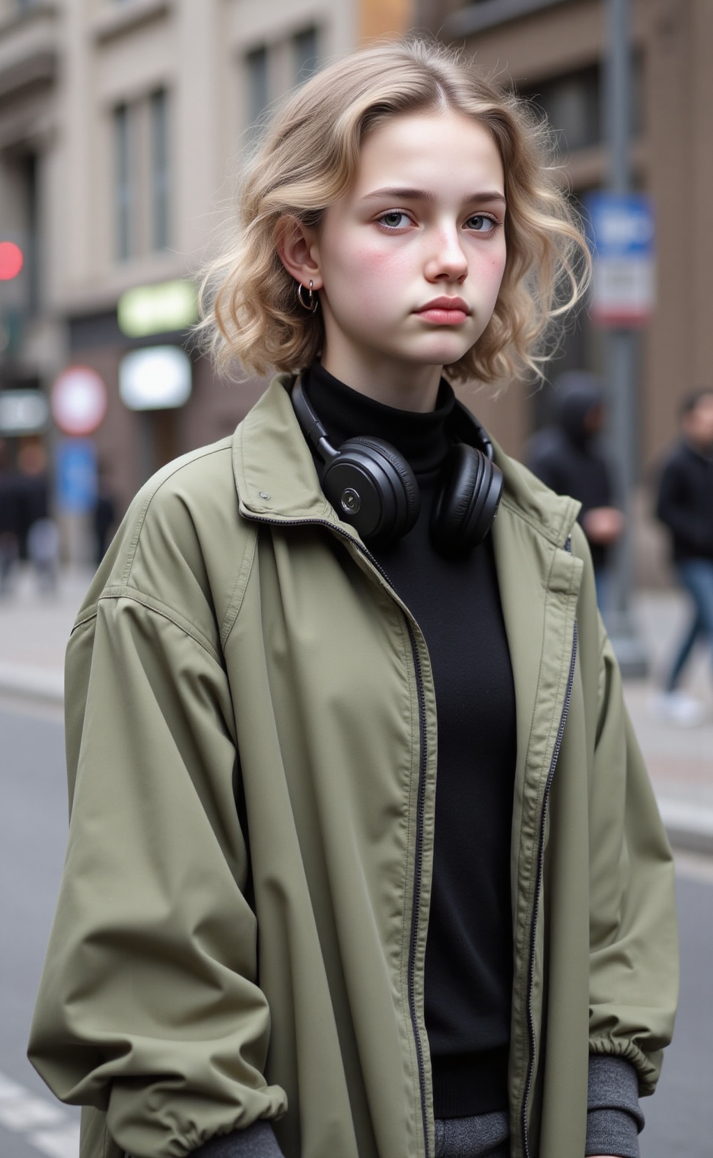 An outdoor upper body portrait captures a 15 year old American girl,  positioned slightly to the right,  presenting a thre...