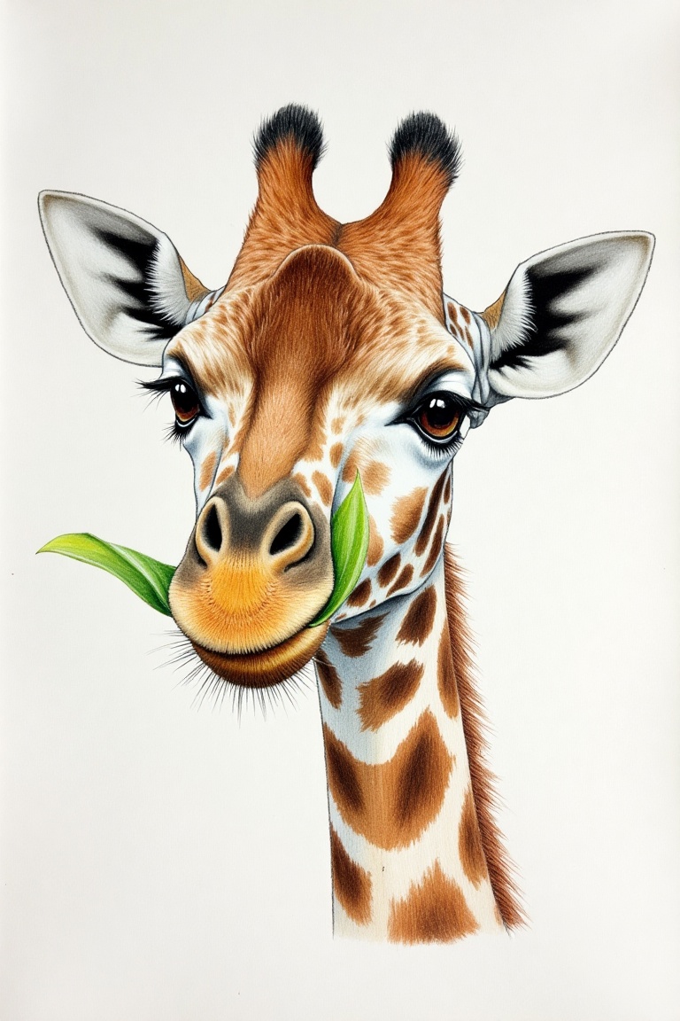 A close-up pencil sketch image of a baby giraffe chewing on a leaf,  set against a white parchment background. The framing...