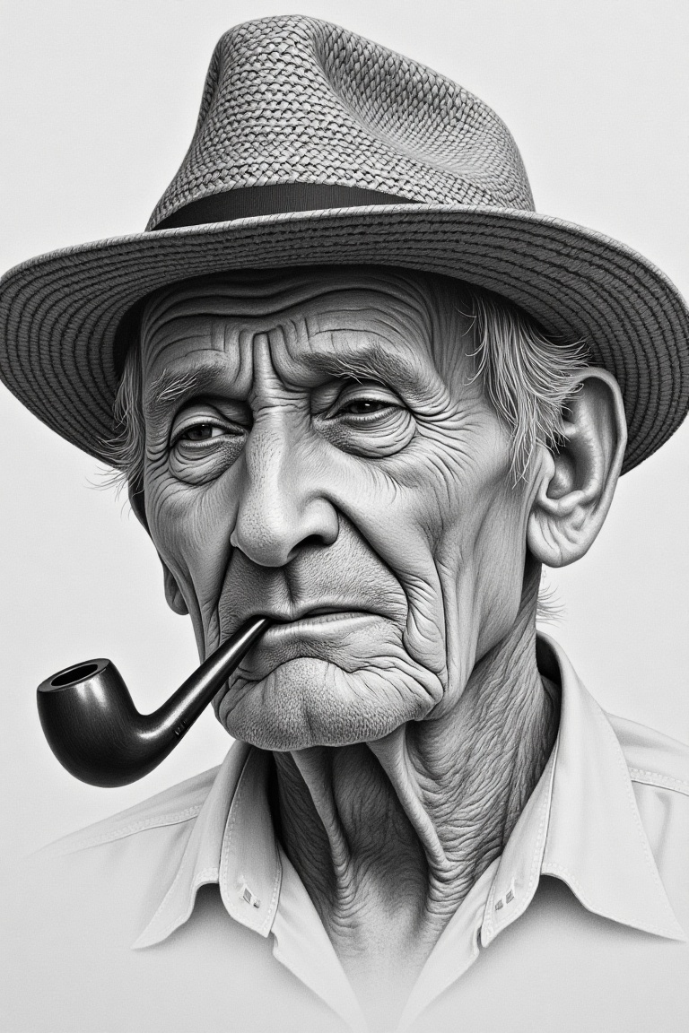 A monochrome close-up pencil sketch of an old man smoking a pipe,  wearing a straw hat. The framing focuses tightly on his...
