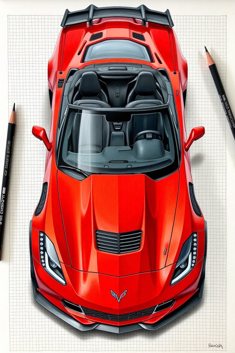 An overhead plan view of a red 2017 Z06 Corvette convertible,  drawn in colored pencil on grid paper with visible hatching...