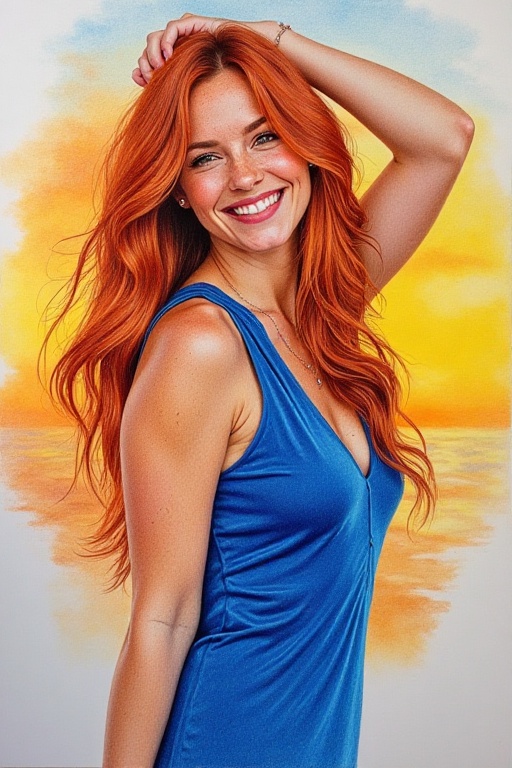 A portrait of a 26-year-old woman with natural beauty and a gorgeous smile,  depicted in a real-looking colored pencil ske...