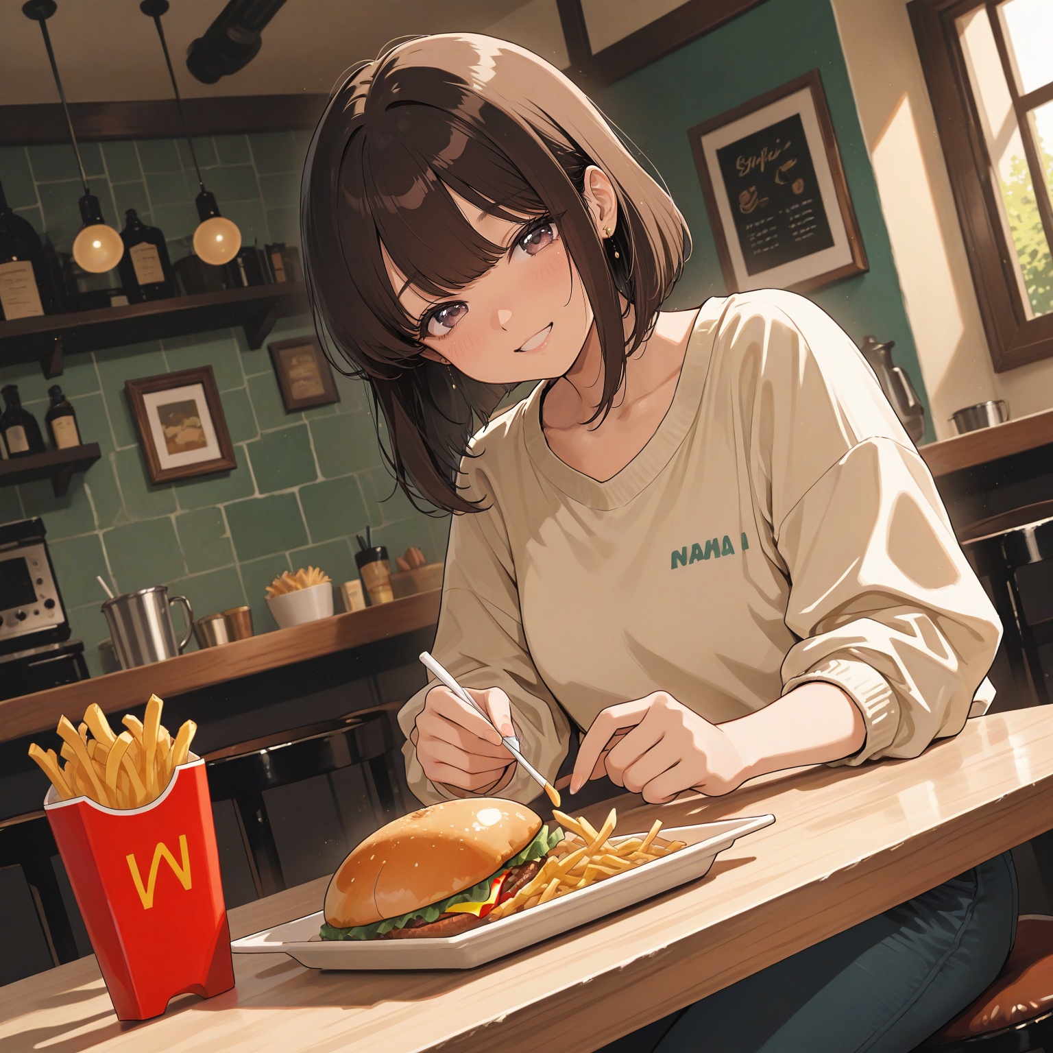 French fries,  one girl,  smiling on Tensor.Art
