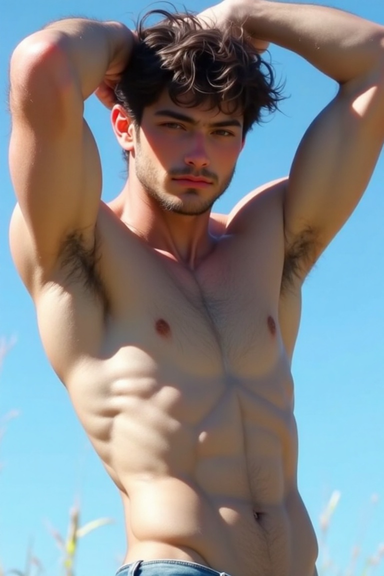 The image shows a man standing outdoors with a clear blue sky in the background. He is shirtless,  showcasing his well-def...