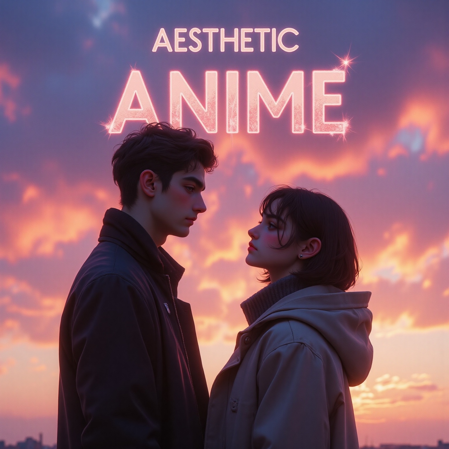 The image depicts a romantic scene with two individuals standing close together,  gazing at each other. The background fea...