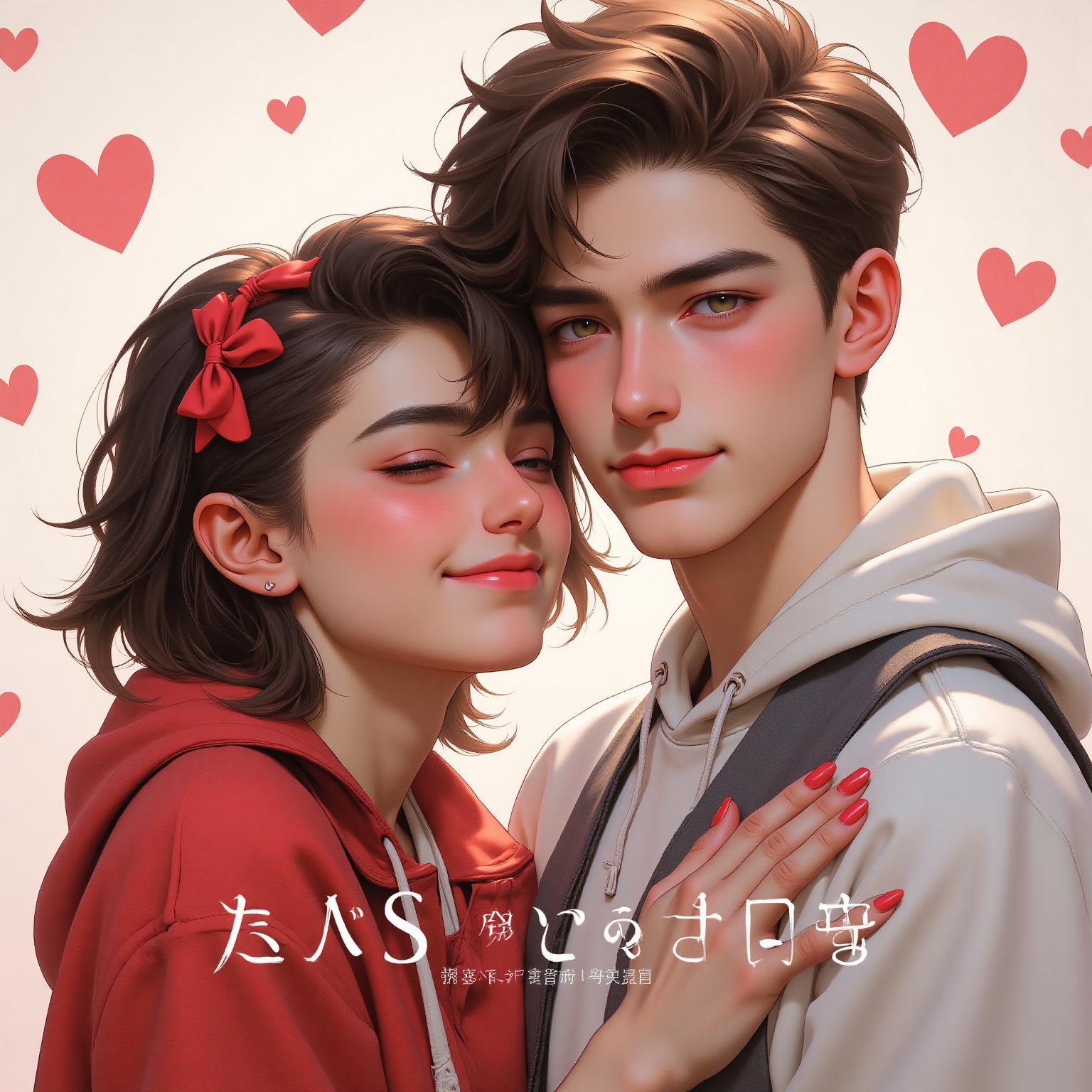 The image depicts two animated characters embracing each other. The male character has short brown hair and is wearing a w...