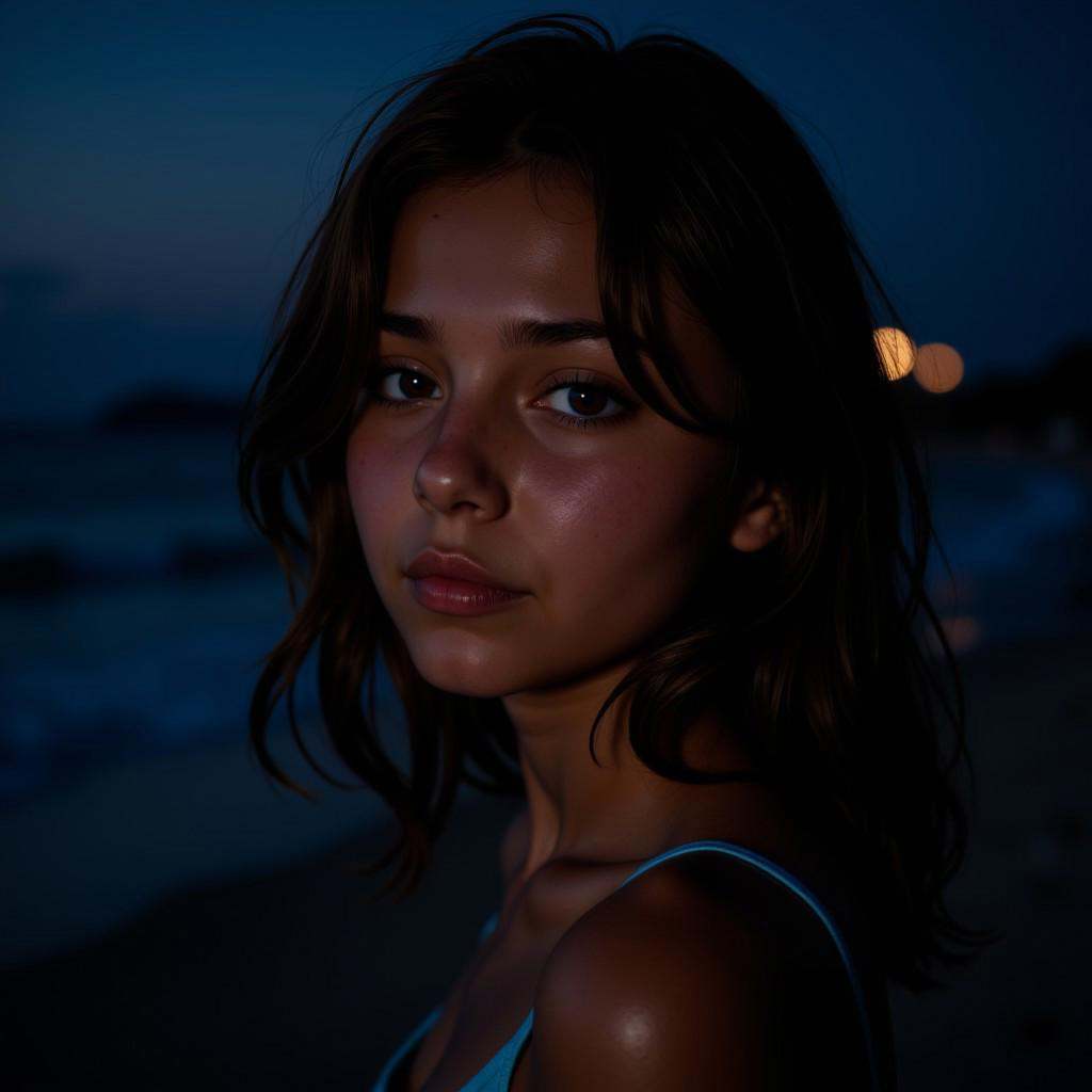 photo of 18yo girl at beach at night,  low light,  realistic on Tensor.Art