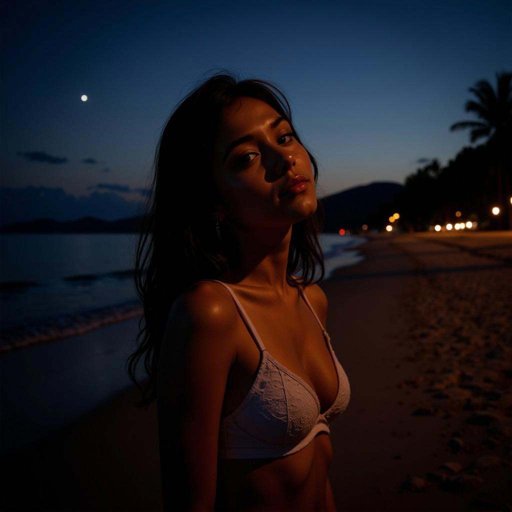 photo of 18yo girl at beach at night,  low light,  realistic on Tensor.Art