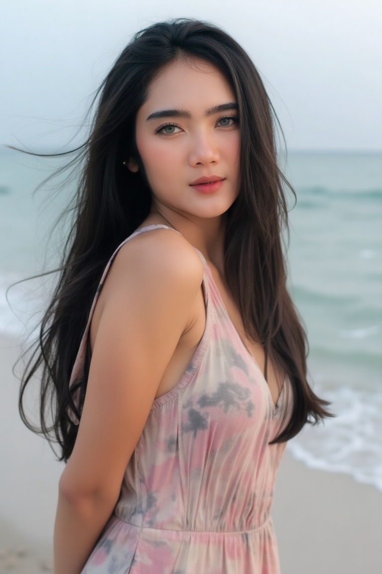 A woman with long black hair and radiant skin,  wearing a pastel-colored summer dress. She stands by the beach with a gent...