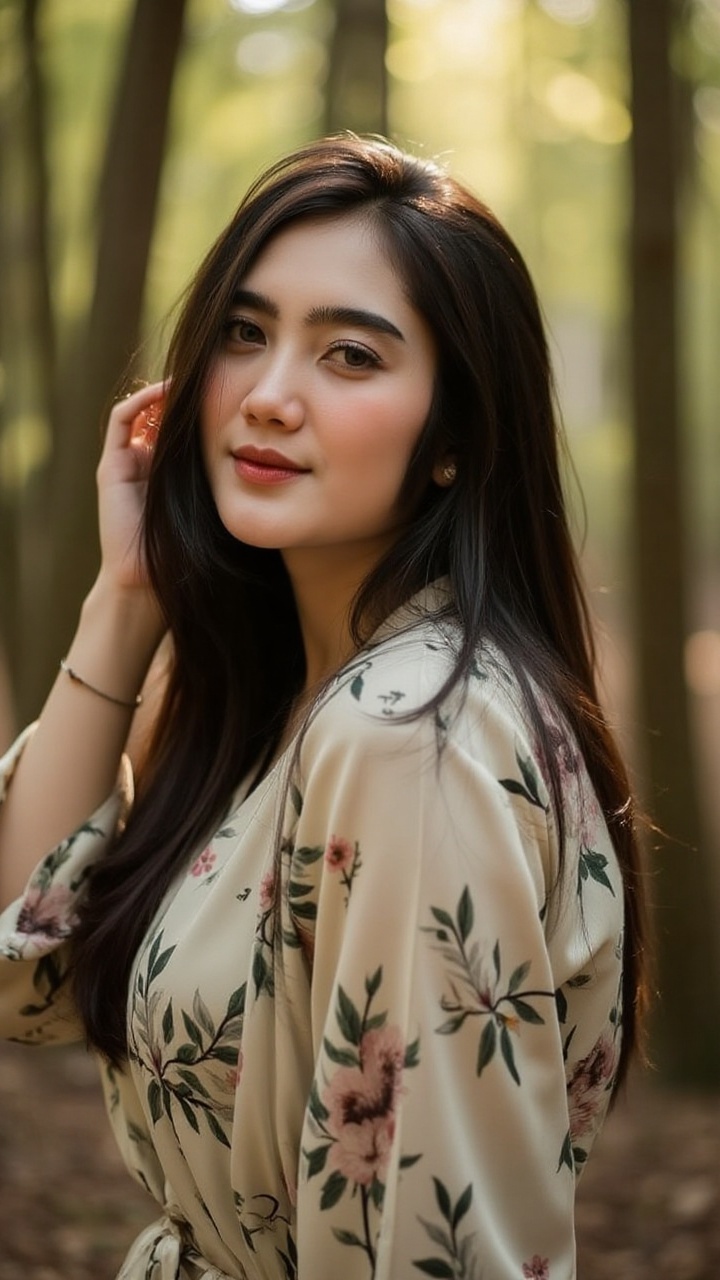 A young woman with long black hair stands in a sunlit forest,  wearing a light floral dress. The soft breeze lifts a few s...