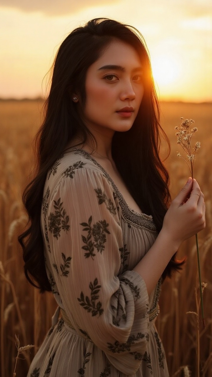 A woman with long black hair wearing a vintage bohemian-style dress,  standing in a wheat field at sunset. She holds a wil...