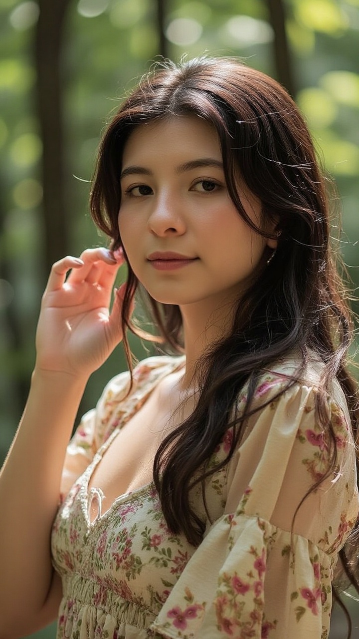 A young woman with long black hair stands in a sunlit forest,  wearing a light floral dress. The soft breeze lifts a few s...