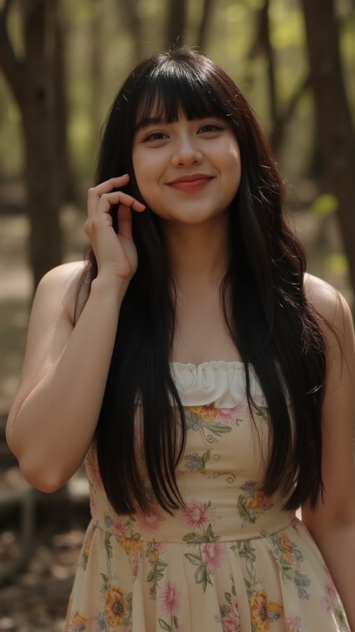 A young woman with long black hair stands in a sunlit forest,  wearing a light floral dress. The soft breeze lifts a few s...